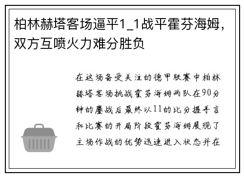柏林赫塔客场逼平1_1战平霍芬海姆，双方互喷火力难分胜负
